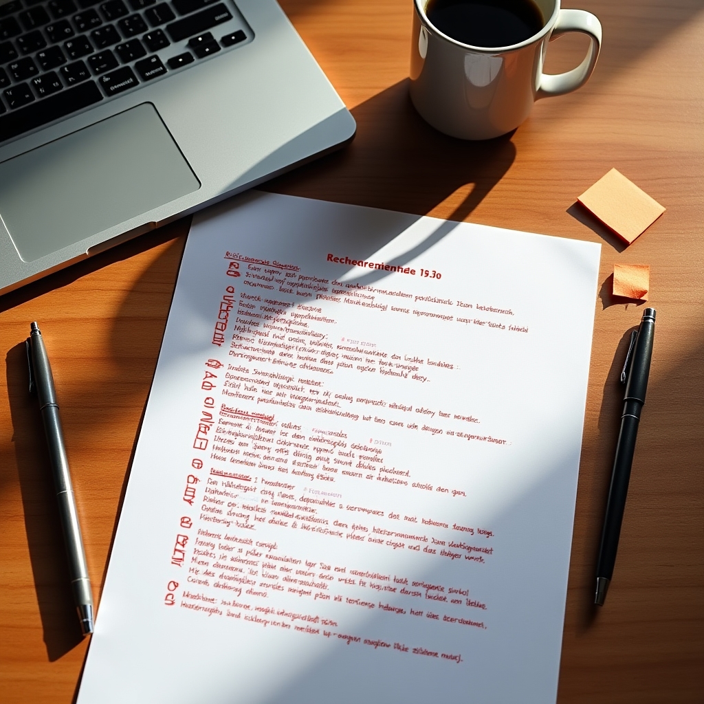 Strukturiertes Anforderungsdokument auf einem Schreibtisch mit Notizen